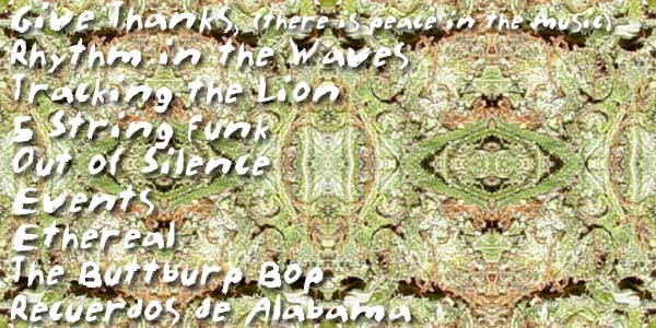 Give Thanks, Rhythm in the Waves, Tracking the Lion, 5 String Funk,Out of Silence, EVents, Ethereal, Buttburp Bop, Recuerdos de Alabama
